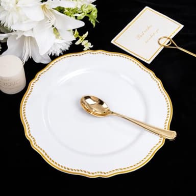 Hioasis 60pcs Gold Plastic Plates - White and Gold Disposable Dinnerware with Gold Rim, Heavy-duty, 10.25 inch, Dinner Plates for Party & Wedding - Image 2