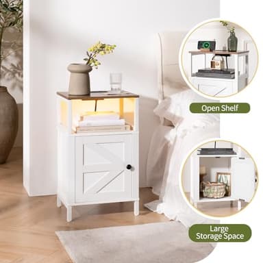 Yoobure Farmhouse Nightstand with Charging Station, Wood Night Stand End with USB Ports, LED Bed Side Table with Storage Cabinet, Bedside Table for Bedroom, Living Room White - Image 4