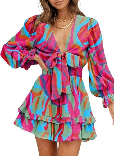 Dokotoo Fall Dresses for Women 2025 Sexy V Neck Ruffle Elegant Long Sleeve High Waist Chiffon Patterned Boho Swing A Line Mini Short Dress for Women Fall Wedding Guest Dresses Multicolor Small - Image 1