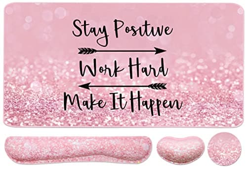 Keyboard Mouse Pad Set, Extended Mouse Pad+Keyboard Wrist Rest Support, Memory Foam Ergonomic Easy Typing, 3Pcs (35.4×15.7 in) Desk Pad Set for Home Office Study Game - Pink Stay Positive - Image 1