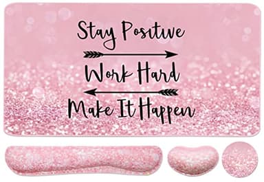 Keyboard Mouse Pad Set, Extended Mouse Pad+Keyboard Wrist Rest Support, Memory Foam Ergonomic Easy Typing, 3Pcs (35.4×15.7 in) Desk Pad Set for Home Office Study Game - Pink Stay Positive - Image 1