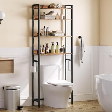 MAHANCRIS Over The Toilet Storage Rack, 4 Tier Bathroom Organizer Over Toilet, Freestanding Space Saver Toilet Stand with 2 Hooks, Bathroom Storage Shelf, Easy to Assemble, Rustic Brown TSHR0401Z - Image 7