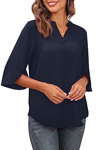Askyes Womens Tops Casual Chiffon Blouses Soft Comfy Summer Fashion Tee 2024 Loose Fit Blouse Tops,Navy Blue.L - Image 3