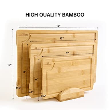 Bamboo Cutting Boards for Kitchen, Wood Cutting Board with Holder, Bamboo Cutting Board Set Reversible with Juice Grooves for Meat Cheese Fruit and Vegetables (Four Piece Set) - Image 2