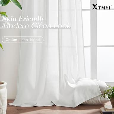 XTMYI Short Length Curtains for Windows,Linen Sheer Cutains for Bedroom Kitchen,45 Inch Long,White - Image 3