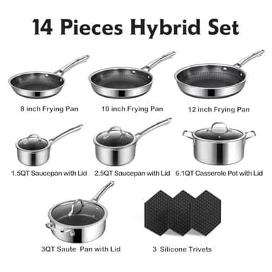 SNOWCLAD Pots and Pans Set Non Stick, 14 Pcs Hybrid Stainless Steel Cookware Sets, Non Stick Frying Pans, Saucepans, Saute Pan & Stock Pot, PFOA Free Kitchen Skillet,Induction Compatible - Image 4