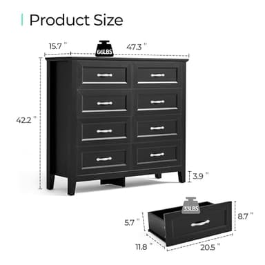 LINSY HOME 8 Drawers Dresser for Bedroom, Black Wood Dresser with Metal Handle, Farmhouse Tall Chest of Drawers with 1 pcs Fabric Divider Organizer, Storage Organizer for Living Room, Closet, Hallway - Image 2