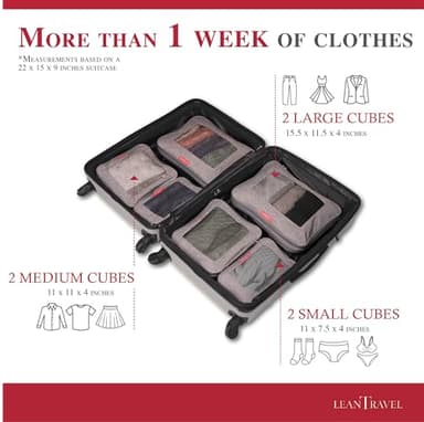 LeanTravel Compression Packing Cubes for Travel Organizers with Double Zipper (6-Pack (2L+2M+2S), Grey) - Image 3