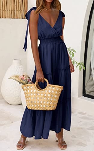 PRETTYGARDEN Women's Dress Spaghetti Strap Shoulder Knot Wrap Neck Summer Dresses Ruffle Hem Smocked High Waist Sleeveless Tiered Maxi Dress (Navy,Large) - Image 5