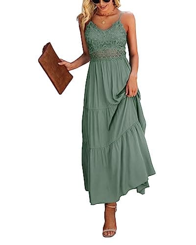 Dokuritu Women's Beach Crochet Lace Maxi Dress Wedding Guest Bridesmaid Cocktail Summer Spaghetti Strap Long Sage Green Dresses 2025(SproutGreen,L) - Image 1