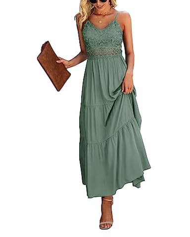 Dokuritu Women's Beach Crochet Lace Maxi Dress Wedding Guest Bridesmaid Cocktail Summer Spaghetti Strap Long Sage Green Dresses 2025(SproutGreen,L) - Image 1