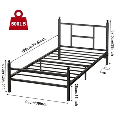 Fixwal Twin Bed Frame with Charging Station, Metal Bed Frame with Port and Outlet, Black - Image 2
