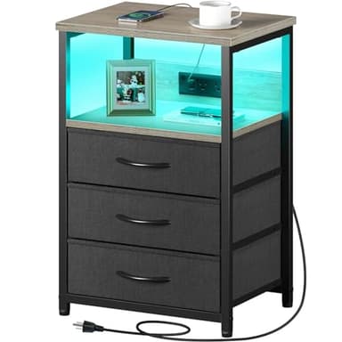 Seventable Nightstand with Charging Station and LED Light, Side Table with 3 Fabric Drawers, Bedside End Table with USB Ports and Outlets, Night Stand for Bedroom, Greige - Image 1