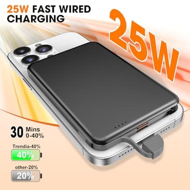 NZKEEYZI for MagSafe Portable Charger, 0.3" Ultra Slim 5000mAh Magnetic Power Bank, 25W PD Fast Charging Battery Pack with Built-in Cable, Travel Battery Bank for for iPhone 16/15/14/13/12, Black - Image 4