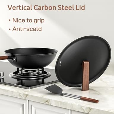 Todlabe Carbon Steel Wok, 13-Inch, Pre-Seasoned, Non-Stick, with Lid and Spatula, Flat Bottom, Ideal for Stovetop Cooking - Image 4