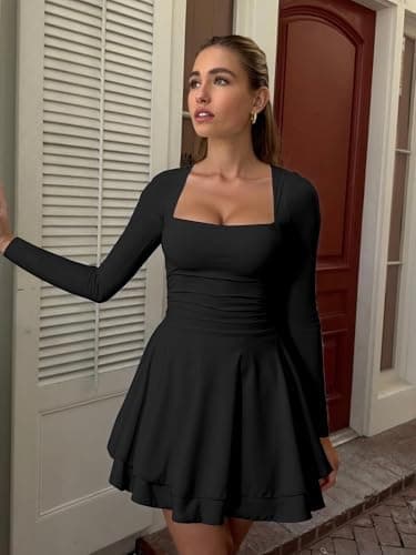 Kaximil Women's Square Neck Ruffle Hem Mini Dress Ruched Waist Long Sleeve Corset Short Party Dresses - Image 4