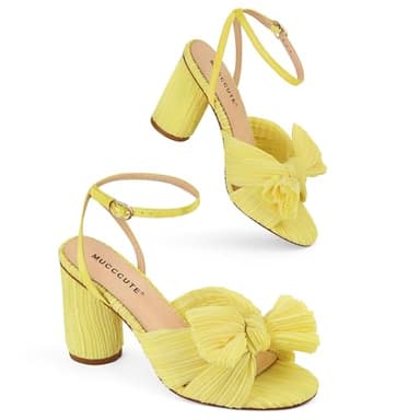 MUCCCUTE Women's Bow Heels Chunky Block Open Toe Heeled Sandals Ankle Strap Buckle Heels for Bridal Wedding (Yellow, Size 9.5) - Image 9