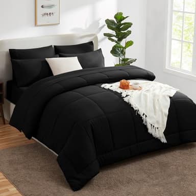 CozyLux Full Size Comforter Sets Black, 7 Pieces Bed in a Bag, Black Comforter Full Size, All Season Bedding Sets with Stitch Quilted Comforter, Flat Sheet, Fitted Sheet, Pillowcases - Image 7