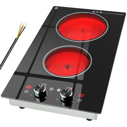 Zarbaco 2 Burner Electric Cooktop 220-240V, 3000W Radiant Electric Stove Top with Built-in Design, 12 inch Knob Control Ceramic Cooktop with Safety Lock, 9 Level Power, Timer - Hard Wire