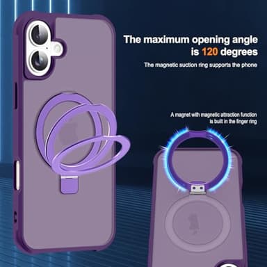 SKYLMW Compatible with iPhone 16 Case with Invisible Magnetic O-Ring Stand Military-Grade Translucent Case for iPhone 16 6.1" [Compatible with Mag-Safe][Great Grip Feeling], Purple - Image 9