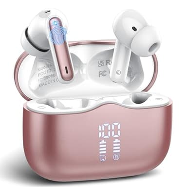 Wireless Earbuds, 2025 Bluetooth 5.4 Headphones in Ear with Stereo Deep Bass, 40H Bluetooth Ear Buds with 4 ENC Noise Cancelling Mics, IP7 Waterproof Earphones Hands-Free Calls LED Display Gold Pink - Image 1