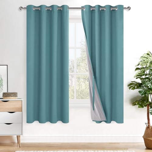 XWZO 100% Blackout Curtains - Thermal Insulated Black Liner Curtains, Noise Reducing and Heat Blocking Drapes for Hall and Studio Windows with Tiebacks, Stone Blue, W52 x L72, Set of 2 - Image 1