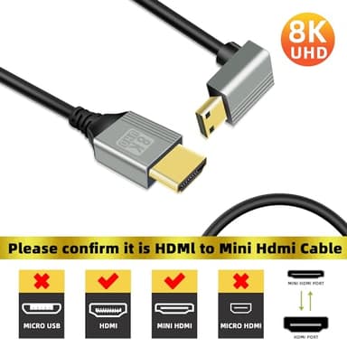 GELRHONR 8K Mini HDMI to HDMI Cable, 90 Degree Mini HDMI Male to HDMI Male 48Gbps High Speed Support 8K@60Hz Video4K@144Hz for Camera, Camcorder HDTV Laptop (UP Angle 1M) - Image 3