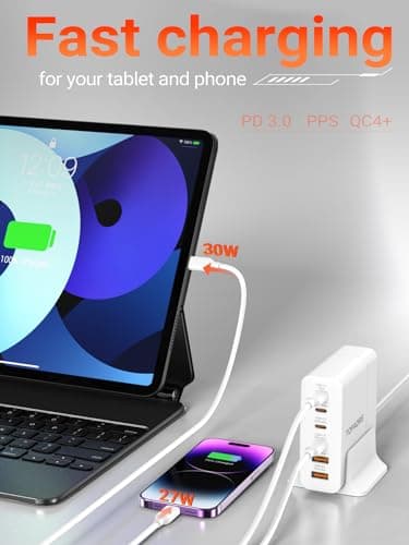TOPADRE USB C Charger Block 80W, 6 Port Fast Charging Station Powered USB C Hub PD Charger for iPhone 15/14/13 Pro Max, iPad Pro/Air/Mini, for Samsung Galaxy S24, MacBook Pro/Air, White - Image 6