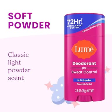 Lume Deodorant Plus Sweat Control - Smooth Solid Stick - Extra Strength Antiperspirant - 72 Hour Odor And Sweat Control - Baking Soda Free, Skin Loving - 2.6 ounce (Soft Powder) Pack of 2 - Image 7