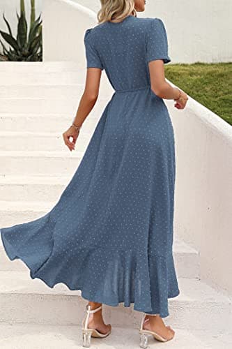 PRETTYGARDEN Women's Summer Wrap Maxi Dress Casual Boho Floral V Neck Short Sleeve Ruffle Hem Split Beach Long Dresses (Z_Blue,X-Large) - Image 3