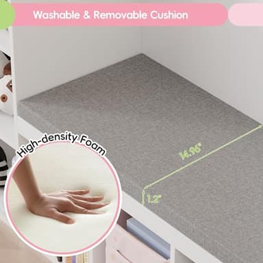 MU Kids Bookshelf with Reading Nook, Toddler Bookcase Bench with Seat Cushion and 7 Storage Cubbies, Kids Reading Nook for Boys & Girls, Toy Storage Bench Box for Bedroom, Playroom, Nursery, White - Image 4