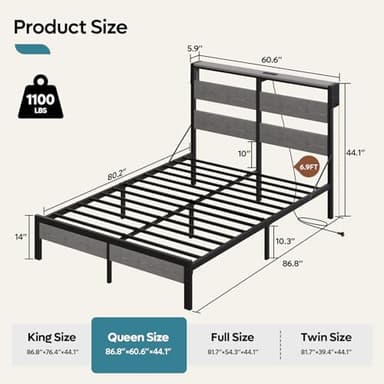 Bestier Queen Bed Frame with Storage Headboard and Charging Station, Grey Platform Bed Frame with LED Light, Non-Slip Metal Bed Frame, Noise-Free, Easy Assembly - Image 2