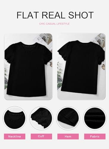 SHEWIN Womens Shirts Casual Crewneck Short Sleeve Shirts Waffle Knit Lightweight Cute Crochet Tops for Women Blouses Black Large - Image 8