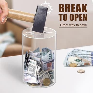 Hicocool Clear Piggy Bank, Acrylic Piggy Bank for Adults Must Break to Open, Unopenable Money Saving Box for Boys Girls Birthday Gift (6" H x 3.54" D) - Image 3