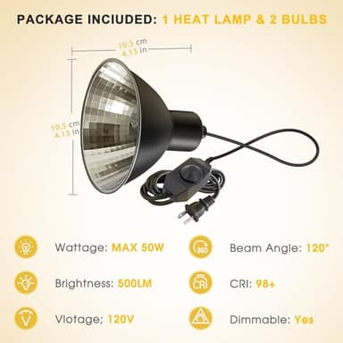 Reptile Heat Lamp 50W G9 Halogen Heat Bulb & Dome Reptile Light Fixture, Aluminum Reflector, UVA Basking Light for Reptiles, Dimmable Heat Lamp for Chicken Turtle Snake Gecko Lizard - Image 3