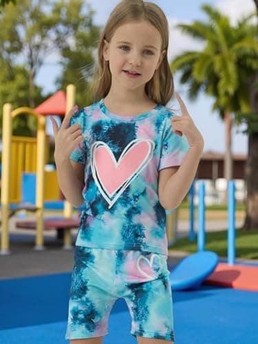 GOLLUNER Tween Girl Clothes Tie Dye Heart Print Short Sleeve Top and Shorts Girl Summer Outfits Short Set(8-9T) - Image 3