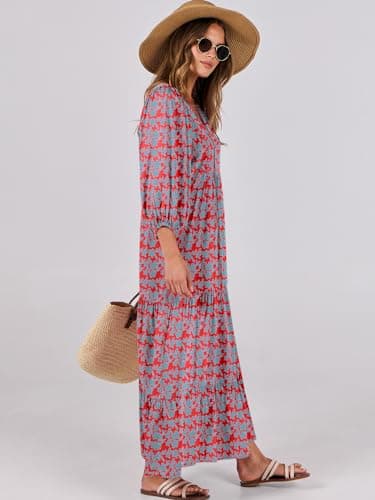 ANRABESS Womens Boho Maxi Dresses 2025 Summer V Neck Puff Sleeve Floral Flowy Swing Fall Casual Long Dress Red Blue Small - Image 3