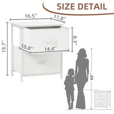 Somdot White Nightstand, Small Dresser for Bedroom with 2 Drawers, Bedside Table Night Stand End Table with Fabric Bins for Bedroom Kids Closet Dorm Guest Room, White Leather - Image 3