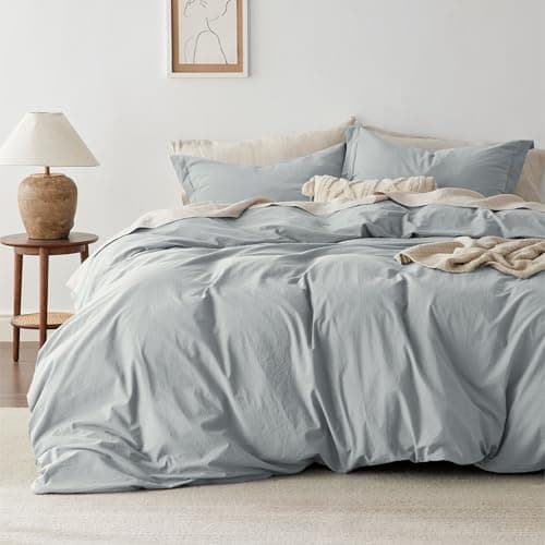 Bedsure 100% Washed Cotton Duvet Cover Queen Size - Pastel Blue Minimalist Cotton Duvet Cover Linen Like for All Seasons - GentleSoft™ Plain Simple Bedding (Pastel Blue, Queen, 90"x90") - Image 1