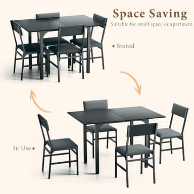 HUAHUU Dining Table Set for 4, Extendable Kitchen Table Cushion Chairs Set of 4, Rectangle Dining Table with Metal Frame & MDF Board, Folding for Small Apartment Saving Space, Black - Image 4
