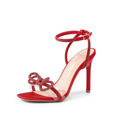 DREAM PAIRS Women's Double Bowknots Crystal Sandals Clear Slingback Heels Square Toe Shoes for Party Wedding Brielle,Size 9.5,Red-Satin,SDHS2389W - Image 1