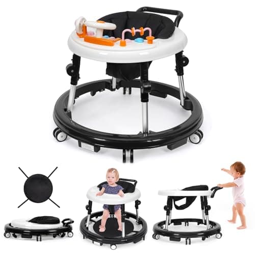 NVW Music and Lights Baby Walker Foldable with 9 Adjustable Heights, Baby Walker with Wheels Portable, Baby Walkers and Activity Center for Boys Girls Babies 7-18 Months (New-Black) - Image 1