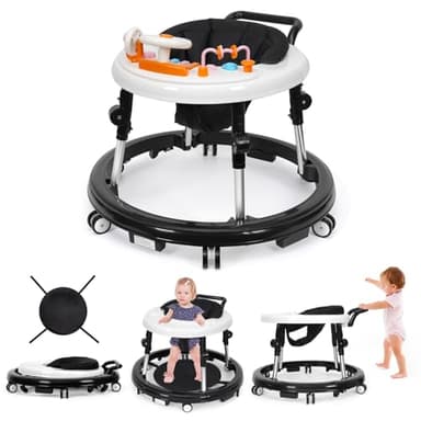 NVW Music and Lights Baby Walker Foldable with 9 Adjustable Heights, Baby Walker with Wheels Portable, Baby Walkers and Activity Center for Boys Girls Babies 7-18 Months (New-Black) - Image 1