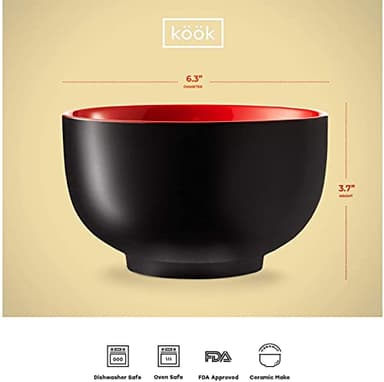KooK Ramen Bowl, Japanese Bowls, Noodle Bowls, Large Soup Bowl, Ceramic, Large Capacity, For Ramen, Pho, Udon, Soba, Microwave and Dishwasher Safe, 34 oz, Set of 4 (Black/Red) - Image 6