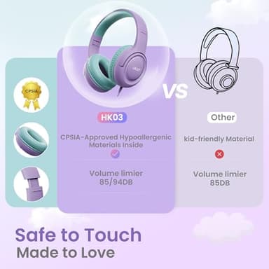 Kids Headphones with Cord for School - Over-Ear 85/94dB Volume Limiter, 3.5mm Jack Foldable Stereo Sound Headset for Toddlers Girls Boy Travel Learning Entertainment Tablet Kindle iPad PC Purple Green - Image 3