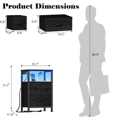 Furnulem Black Nightstand with Wood Shelf, Bed Side Table with Led Light and Charging Station, 25.8 Inch End Table with 3 Fabric Storage Drawers, Small Night Stand for Bedroom Furniture - Image 3