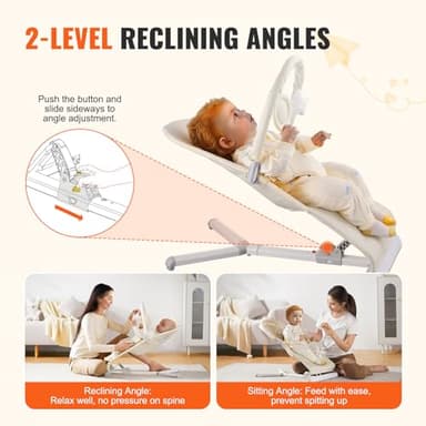 VEVOR Baby Bouncer, Folding Bouncer Seat for Babies 0-9 Months, Baby Bouncer with 2 Reclining Angles & Rotatable Toy Bar, Portable Baby Bouncers Seat with Carrying Bag for Indoors Outdoors, Beige - Image 3