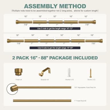 2 Pack Warm Gold Curtain Rods for Windows 48 to 84 Inches Adjustable Length Heavy Duty 1" Diameter Brass Window Curtain Rod with Solid Metal Finials for Outdoor Farmhouse Bedroom Kitchen Living Room - Image 9