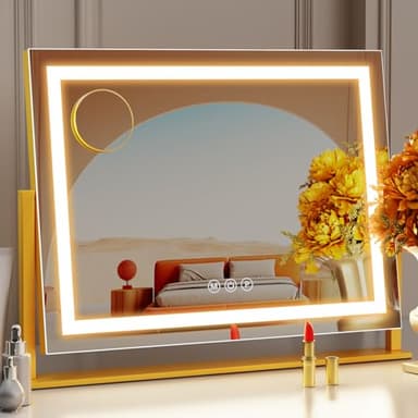 Gvnkvn Lighted Makeup Mirror, 17.3"x13" Hollywood Vanity Mirror with Lights, Three Color Lighting Modes, and 5X Magnification Mirror, Smart Touch Control, 360°Rotation (Gold,17.3in Gift Box) - Image 1