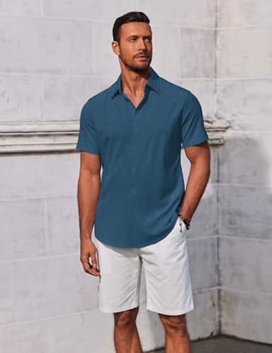 COOFANDY Mens Short Sleeve Button Down Shirts Linen Shirt Summer Beach Top Deep Blue - Image 2